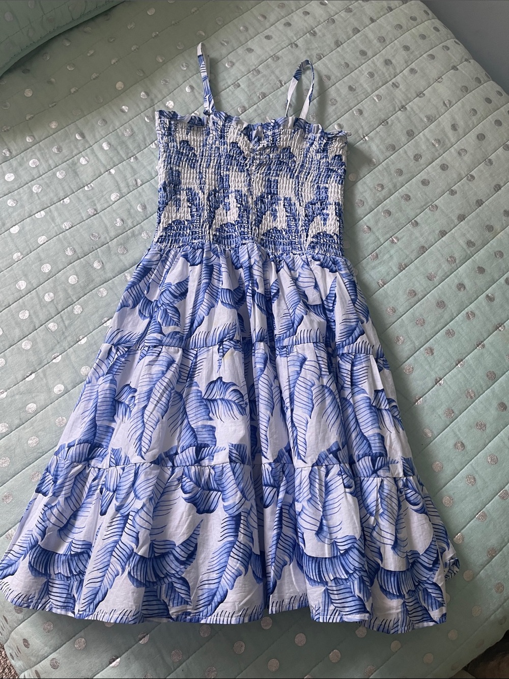Janie and Jack Blue and White Smocked Leaf-Print Sundress